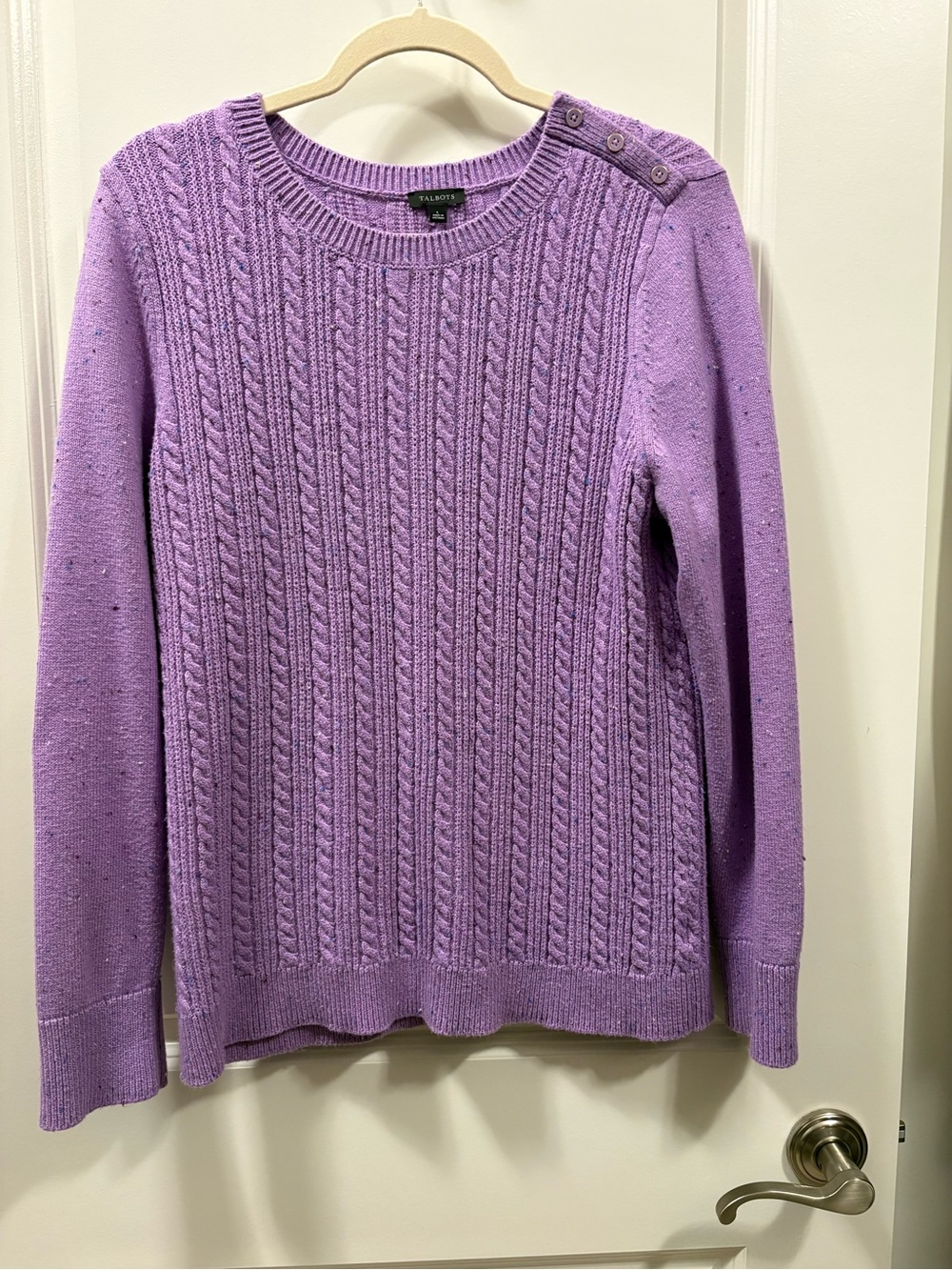 Talbots Lavender Cable-Stitched Crewneck Sweater with Shoulder Buttons